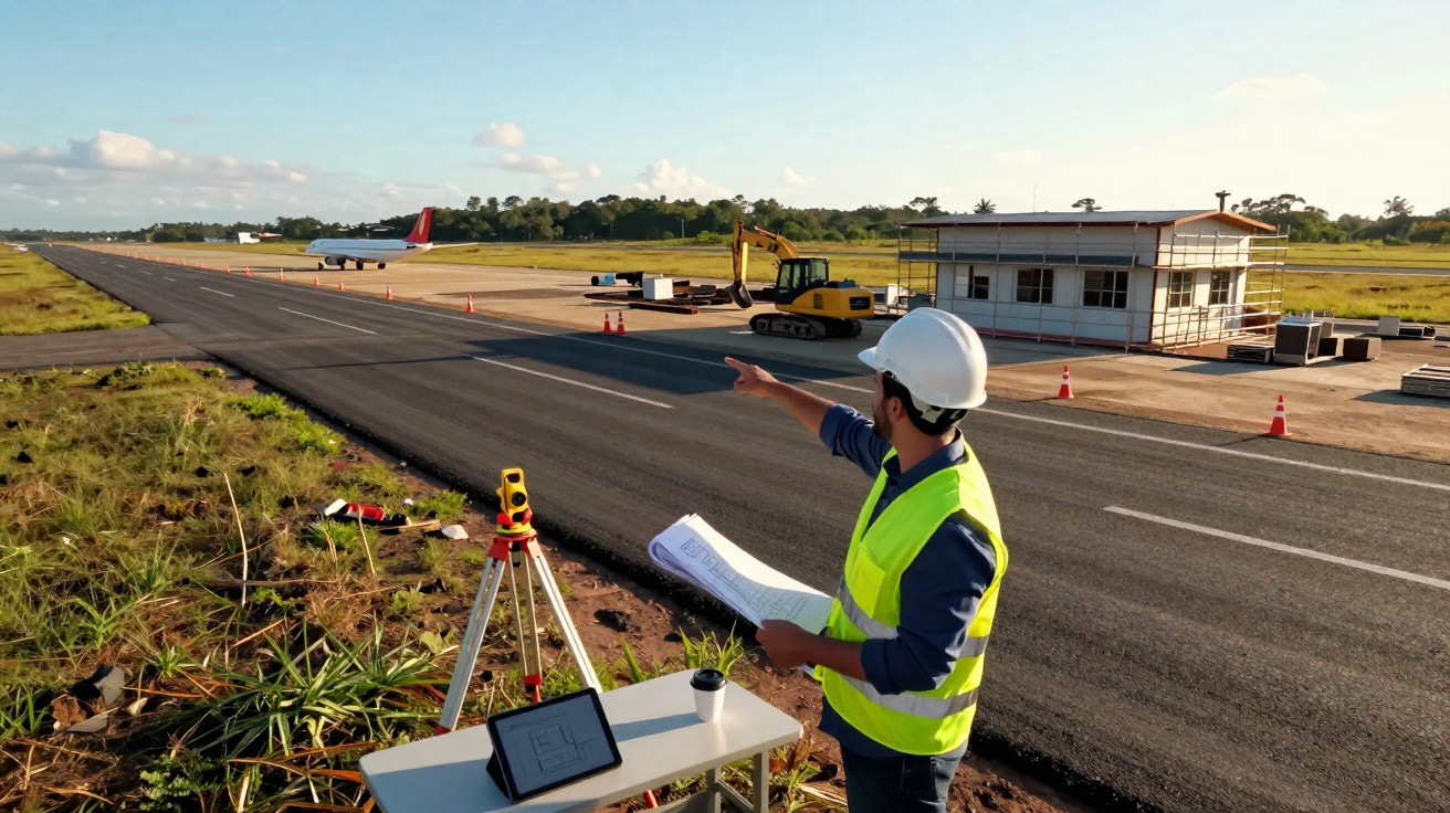 Engenheiro com colete e capacete aponta para pista de aeroporto em construção com equipamentos ao redor.
