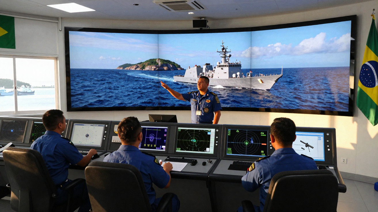 Sala de comando naval com quatro militares brasileiros operando equipamentos de monitoramento e simulador de navio.