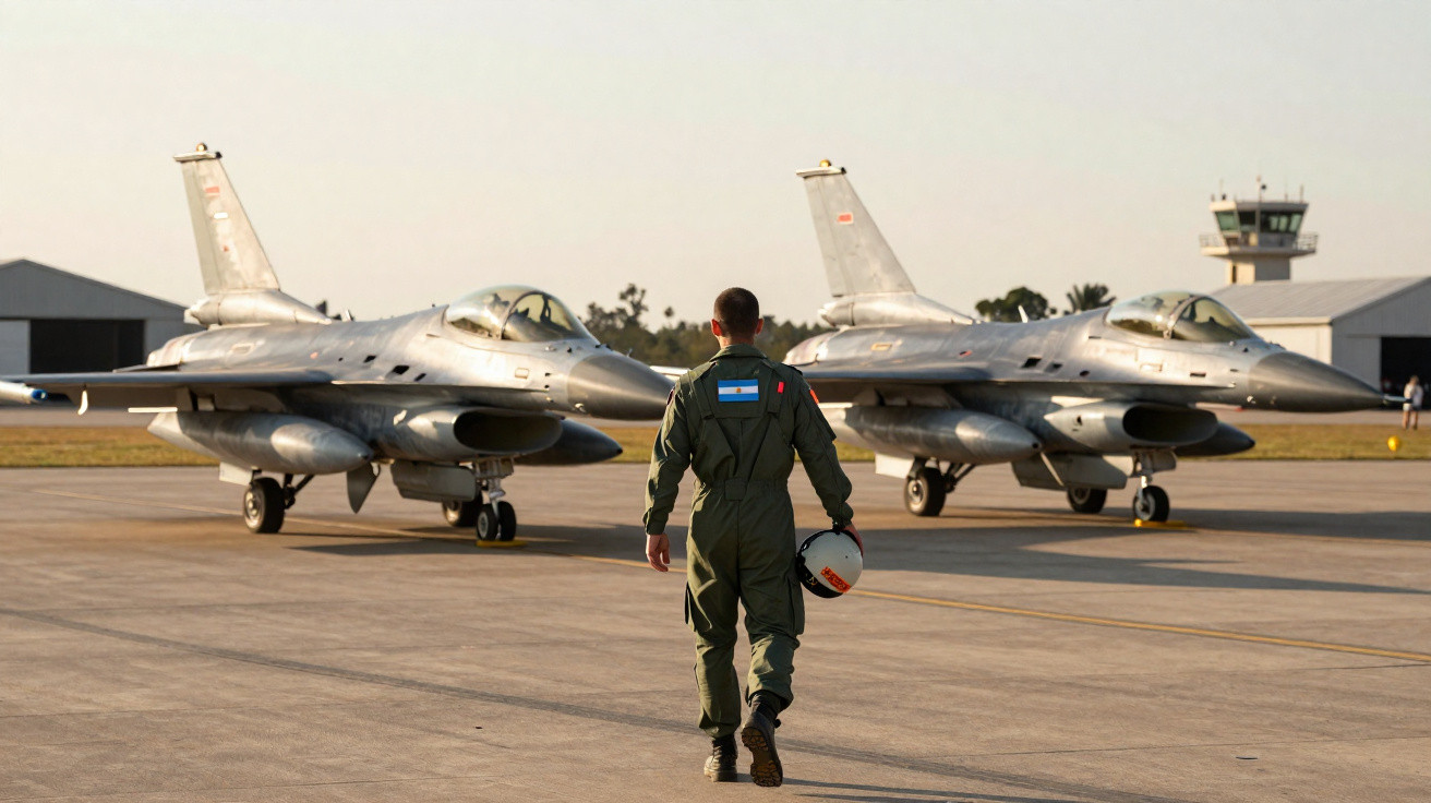 Militar caminhando em pista de aeroporto militar em direção a dois caças F-16 estacionados sob luz do entardecer.