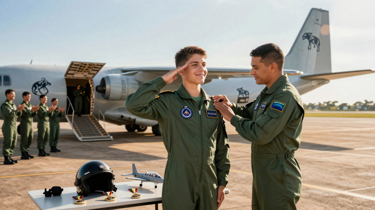 Dois aviadores militares em uniforme verde, um recebe uma insígnia enquanto o outro cumpre continência, aeronave ao fundo.