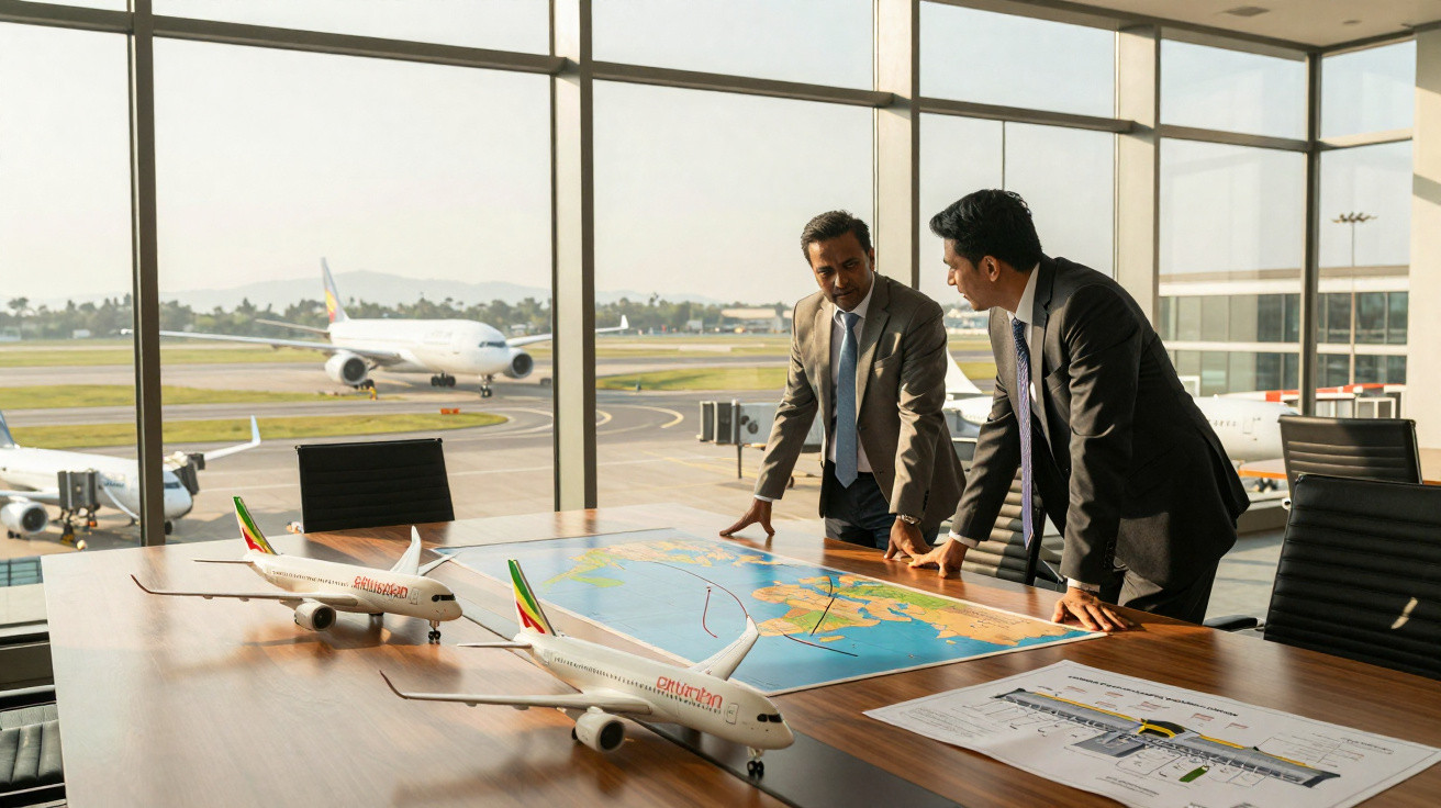 Dois homens em terno discutem rota aérea com maquetes de aviões em sala com vista para pista.