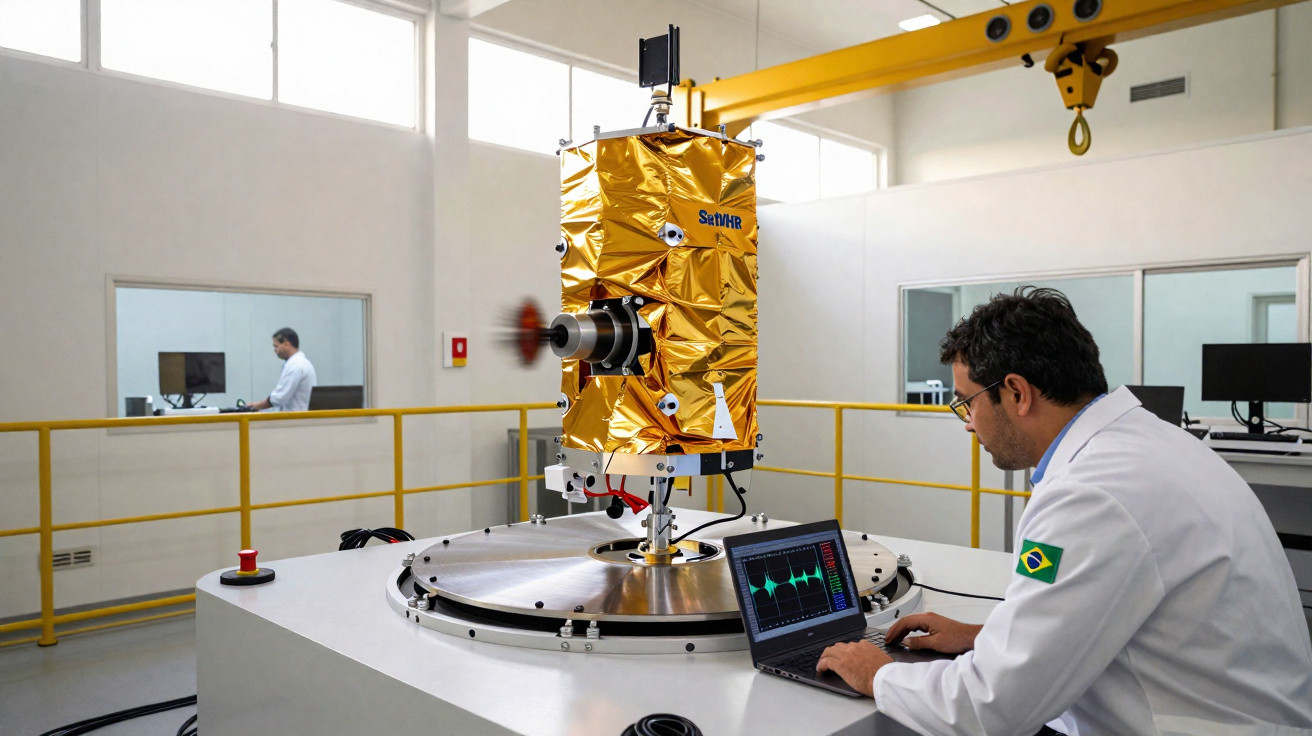 Homem com jaleco branco e bandeira do Brasil operando satélite dourado em laboratório com computador.