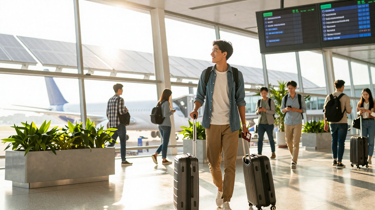 Jovem caminhando pelo aeroporto com duas malas, passageiros e avião ao fundo.