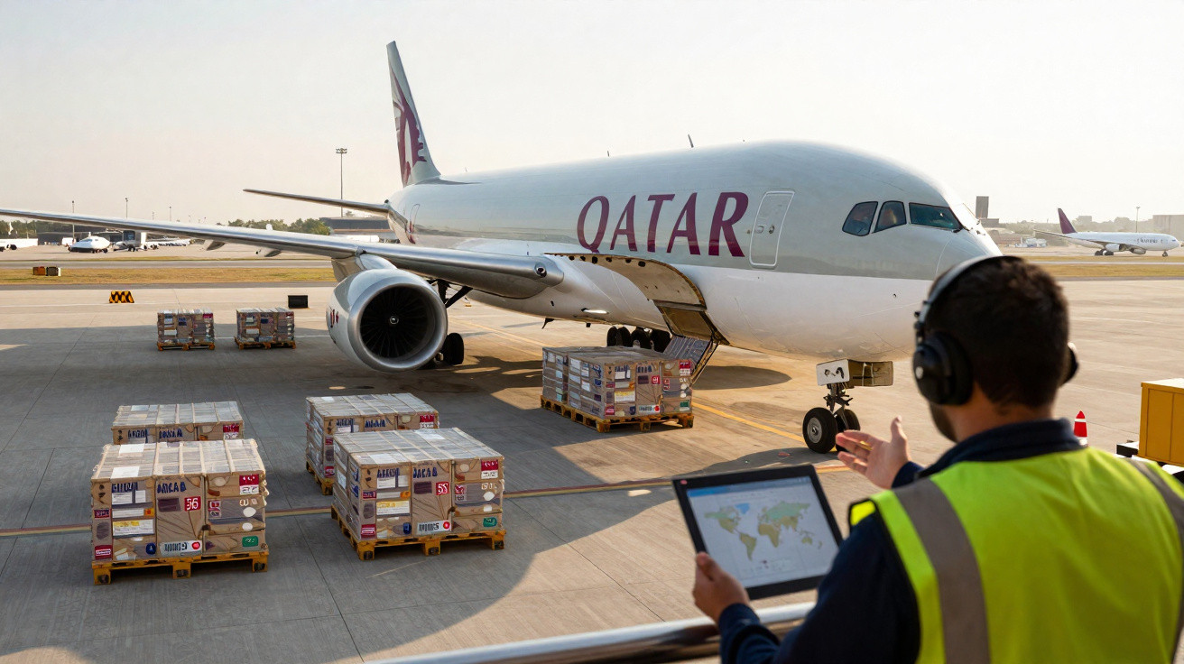 Funcionário com colete refletivo verifica carregamento de cargas perto de avião da Qatar no aeroporto ao entardecer.