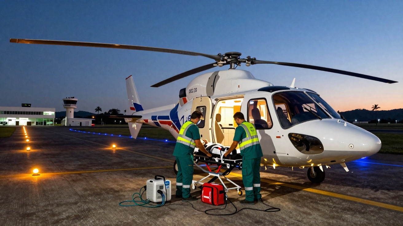 Dois paramédicos preparam maca para embarque em helicóptero de resgate ao entardecer em pista iluminada.