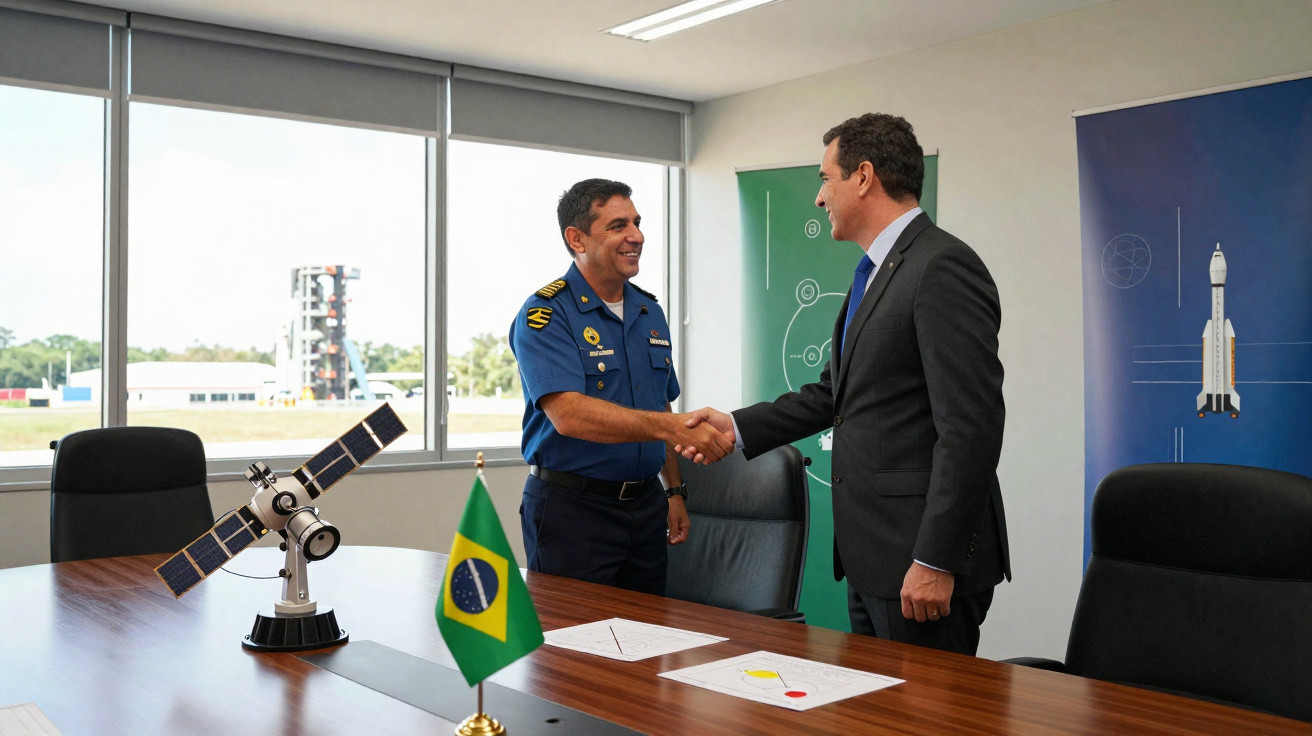 Dois homens, um militar e um civil, apertando as mãos em sala com mesa, miniatura de satélite e bandeira do Brasil.