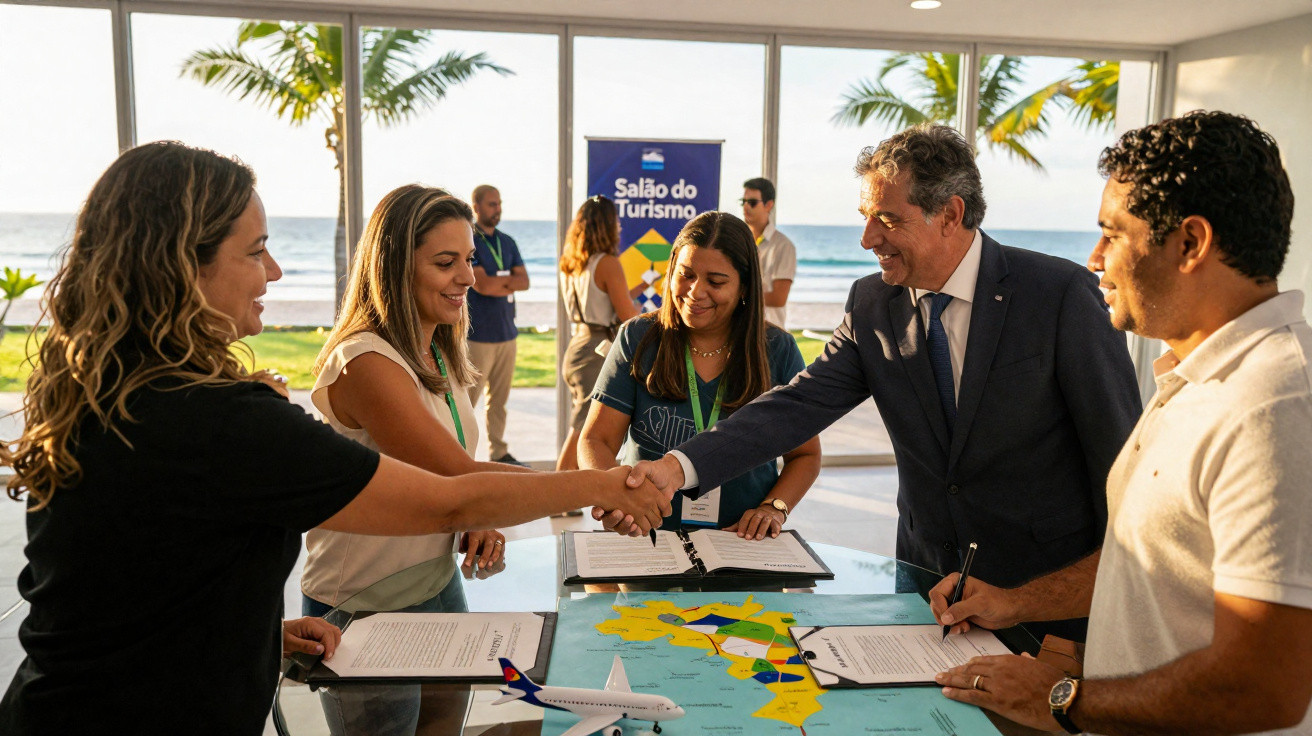 Duas mulheres apertam mãos em reunião com três pessoas ao redor de mapa e maquete de avião em evento de turismo.