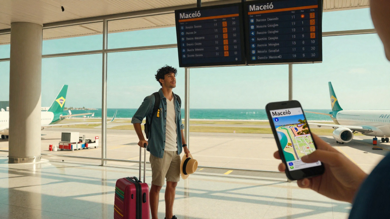 Homem com mala vermelha no aeroporto olhando para os painéis de voo com destino a Maceió.