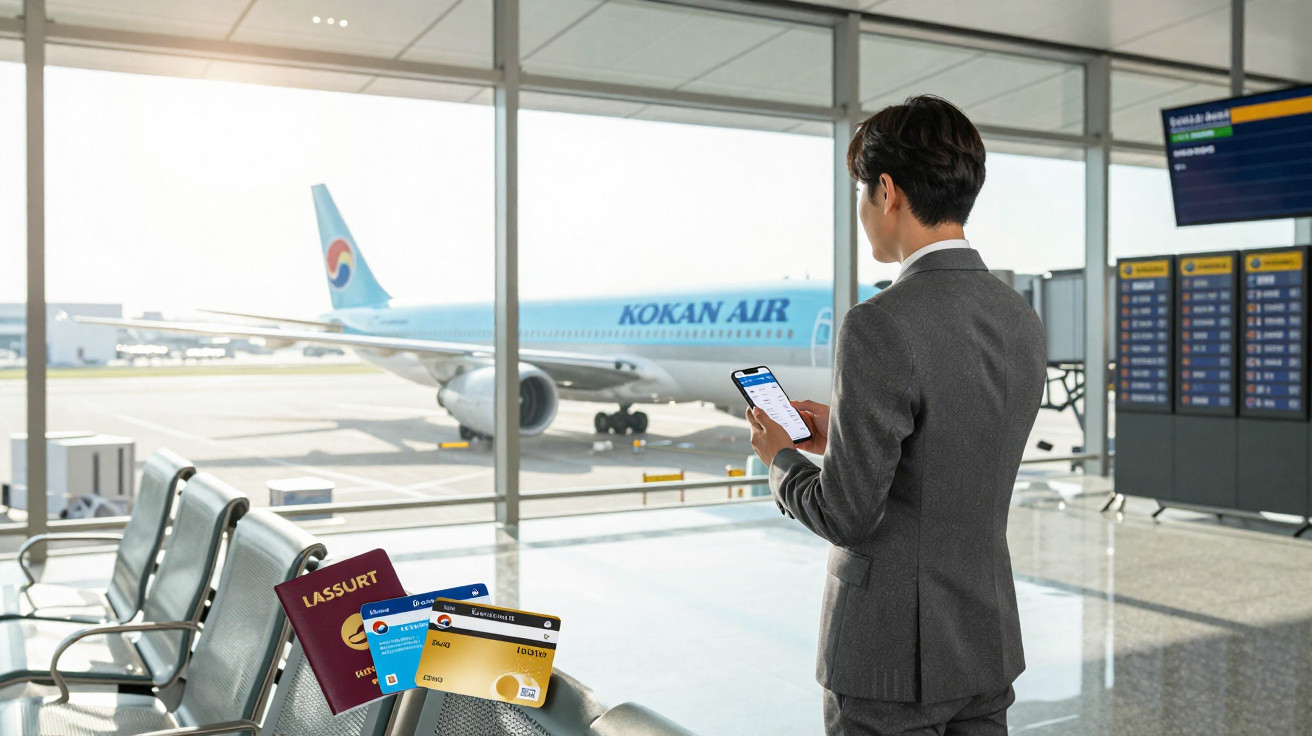 Homem em terno confere celular na sala de embarque com avião Kokan Air visível pela janela.