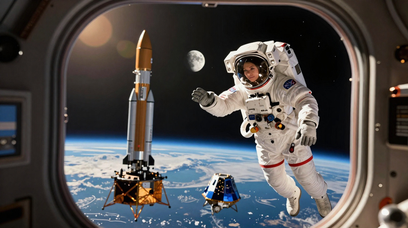 Astronauta flutuando no espaço próximo à Terra com foguete e módulo lunar ao fundo.