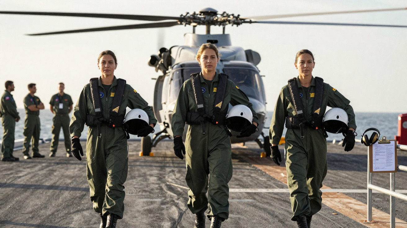 Três mulheres militares com uniformes verdes caminham segurando capacetes, com helicóptero ao fundo em um convés naval.