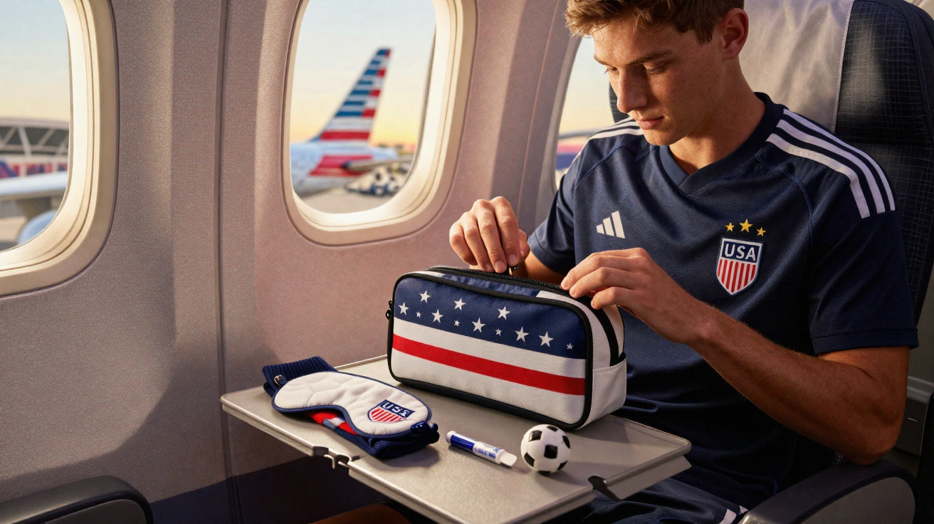 Jovem em avião manuseando nécessaire com tema dos EUA, luva, caneta e bola de futebol na bandeja.