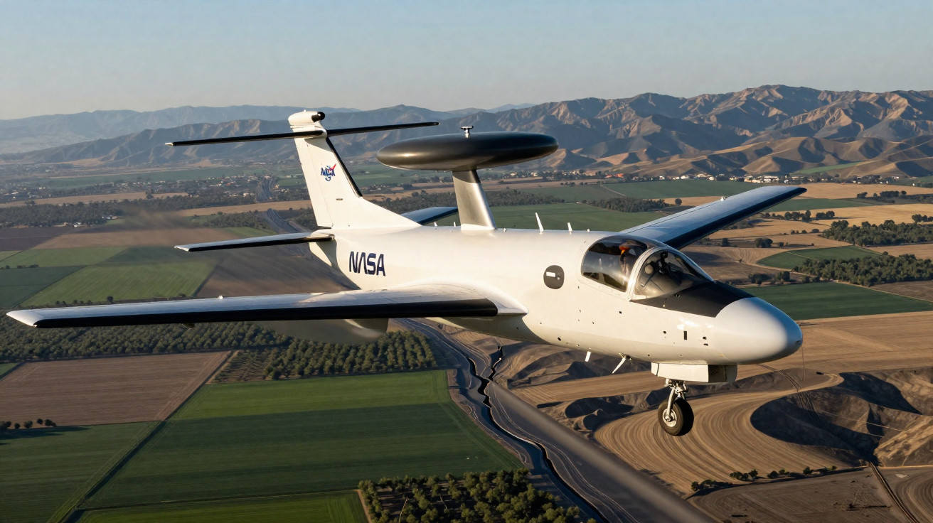 Avião experimental da NASA voando sobre campos agrícolas e montanhas ao fundo em dia claro.