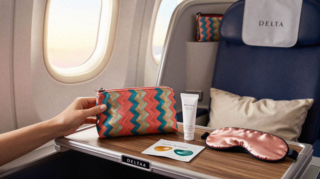 Kit de amenidades com nécessaire colorida, creme hidratante, máscara de dormir e lenço umedecido em assento da Delta Airlines