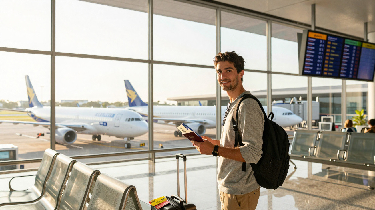 Homem sorridente com mochila e passaporte em aeroporto, com aviões ao fundo, aguardando embarque.