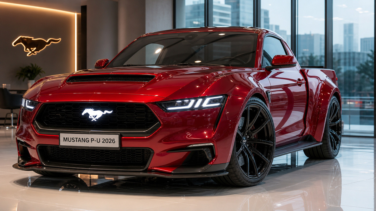 Picape Ford Mustang P-U 2026 vermelha exibida em showroom moderno com logo iluminado.