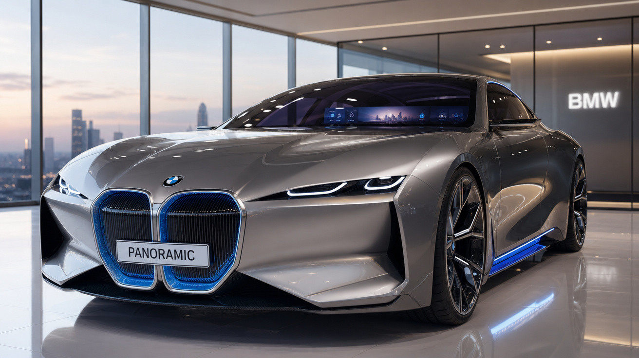 Carro conceito BMW cinza prata com design futurista em salão moderno com vista urbana ao fundo.