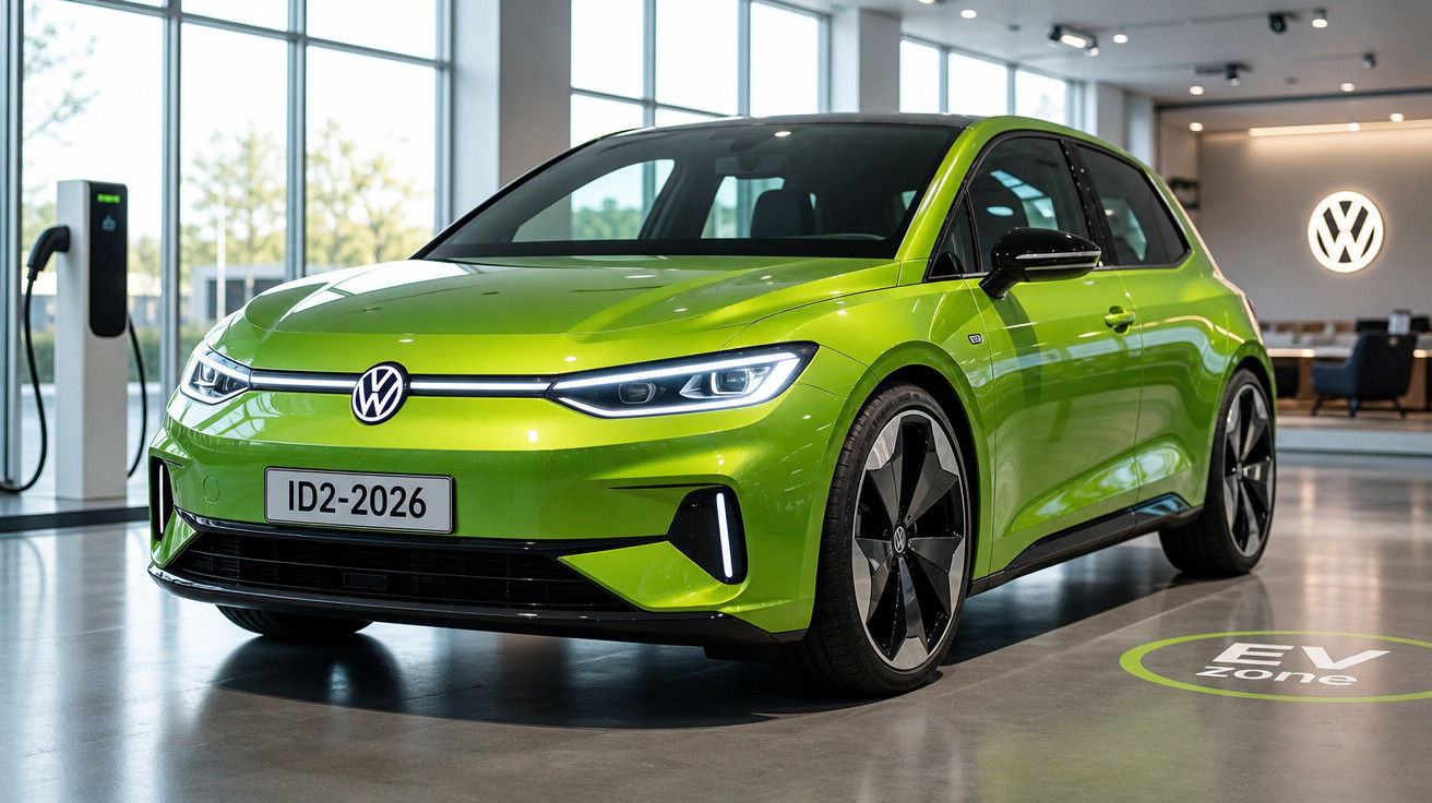 Carro elétrico Volkswagen ID.2 verde em showroom com estação de recarga e logo VW ao fundo.