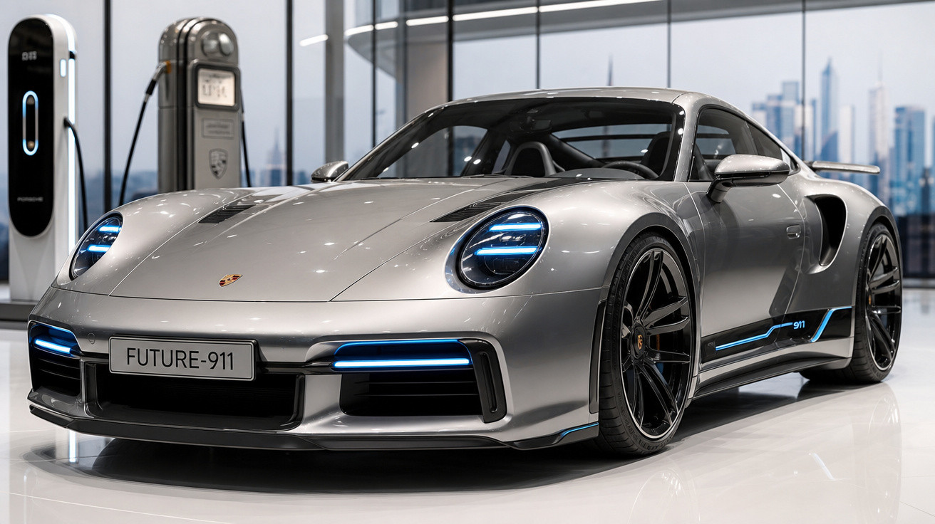 Carro esportivo Porsche prata modelo Future-911 exposto em showroom moderno com luzes azuis.