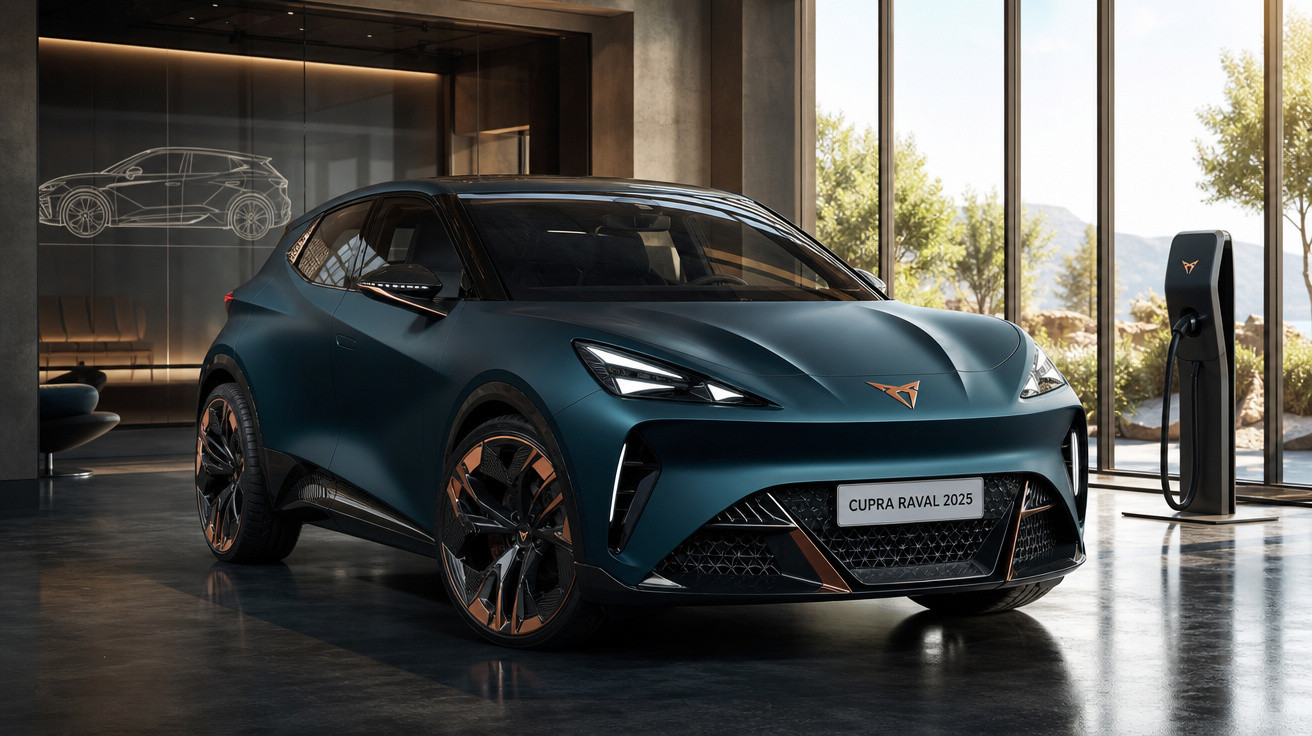 Cupra Raval 2025 azul escuro estacionado em ambiente interno moderno com estação de recarga ao lado.