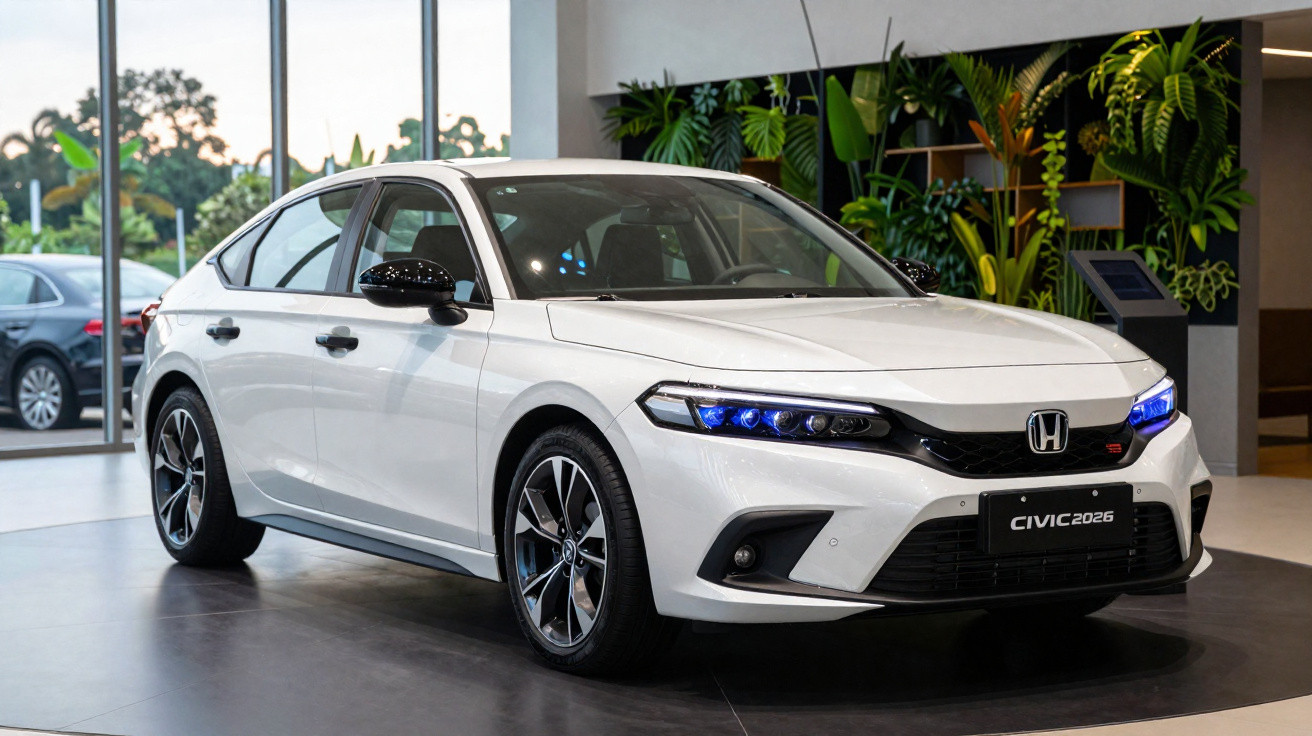 Carro branco Honda Civic 2026 em exposição indoor com detalhes em azul nos faróis e rodas esportivas.