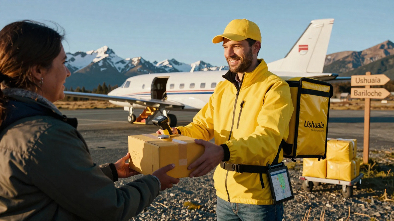 Entregador de uniforme amarelo entrega pacote para mulher com avião e placas de Ushuaia e Bariloche ao fundo.