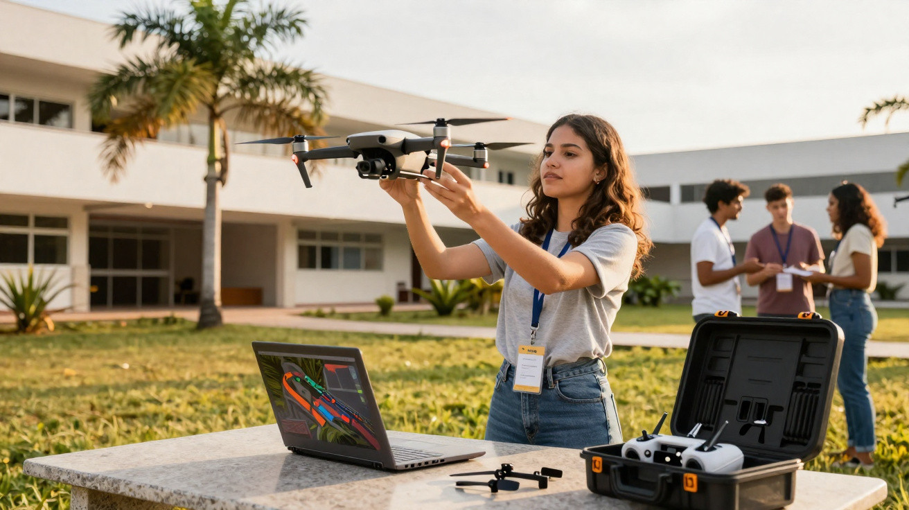 Mulher segura drone ao ar livre com laptop e controle, grupo conversa ao fundo em ambiente acadêmico.