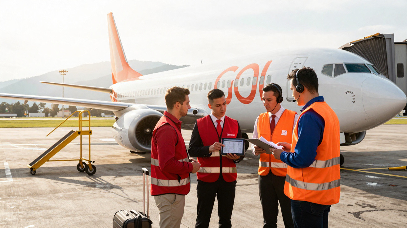 Equipe de funcionários da Gol em reunião no pátio do aeroporto com avião ao fundo e equipamentos ao redor.