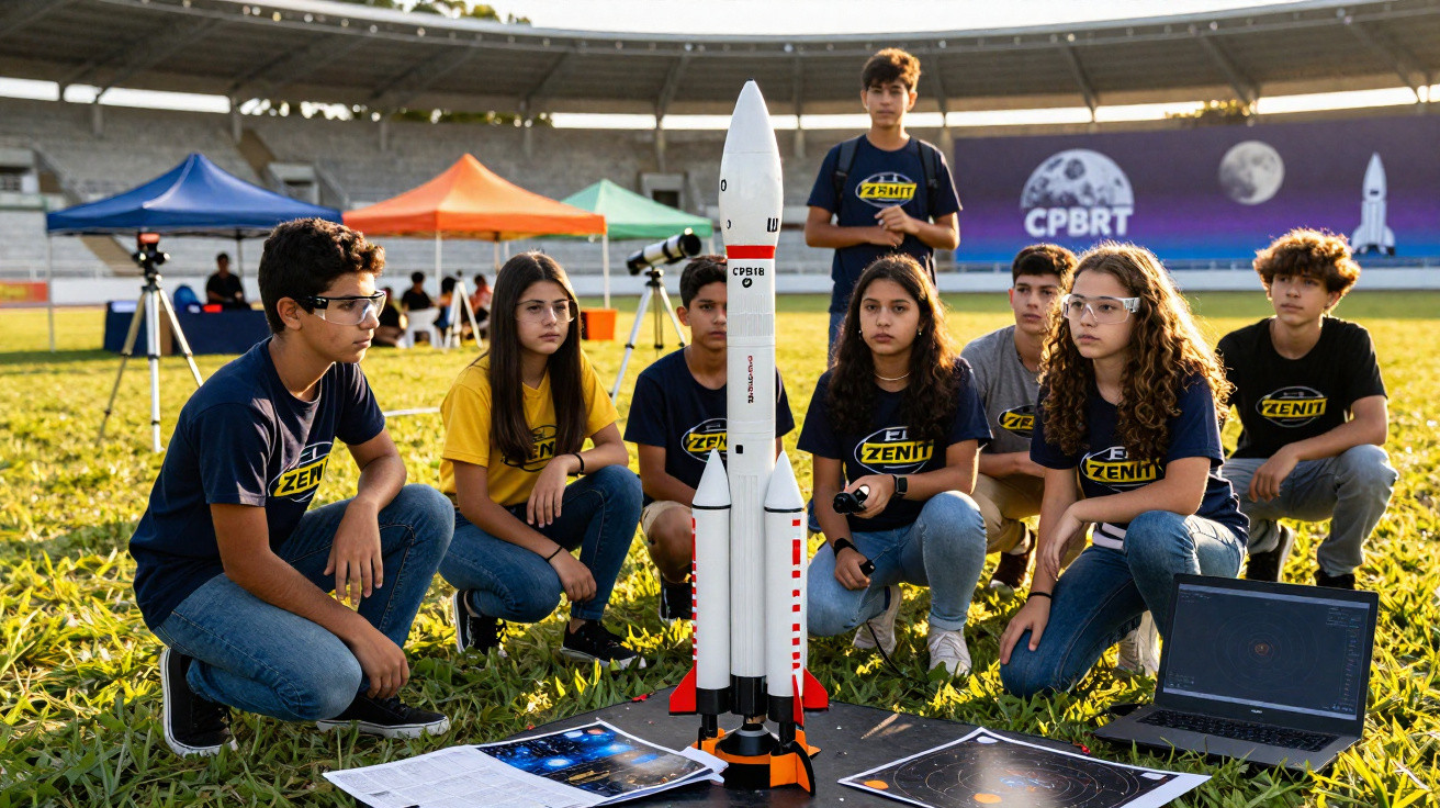 Grupo de jovens estudantes com mini foguete e mapas estelares em campo aberto, em competição de astronomia.