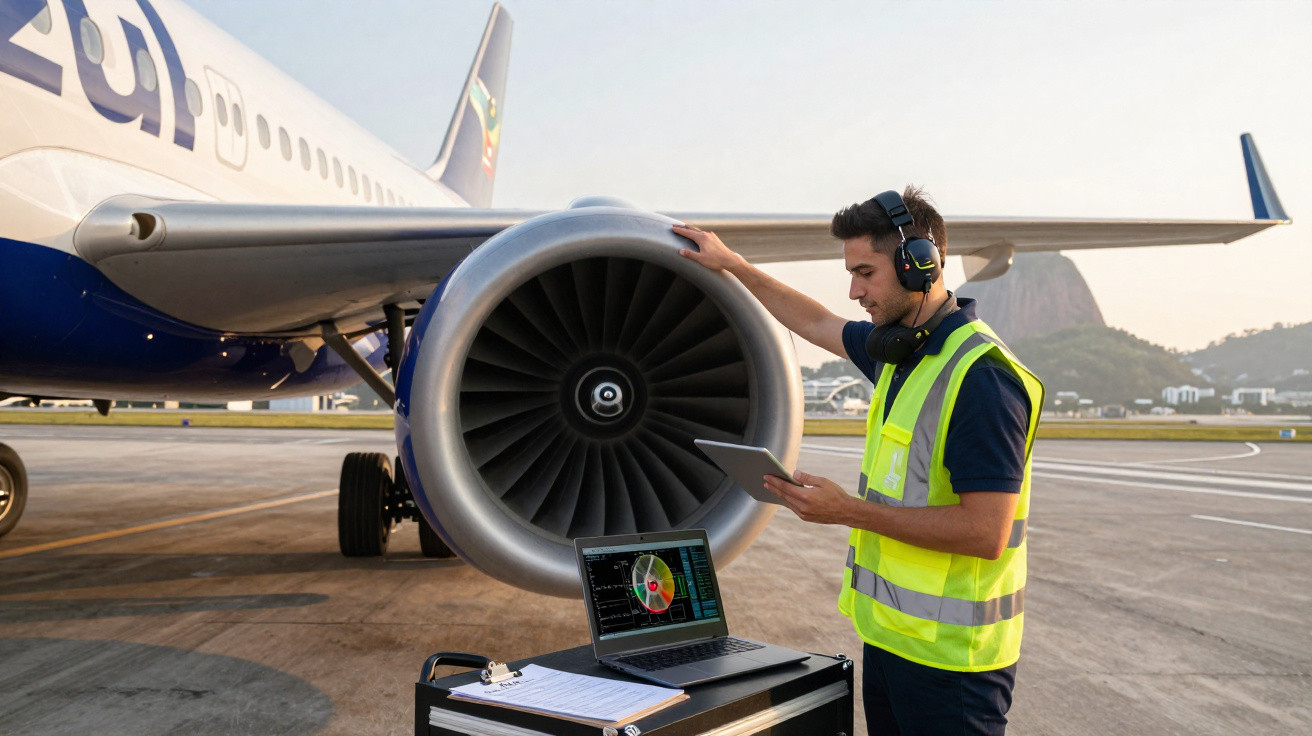 Técnico inspecionando motor de avião com tablet e laptop em pista de aeroporto ao entardecer.