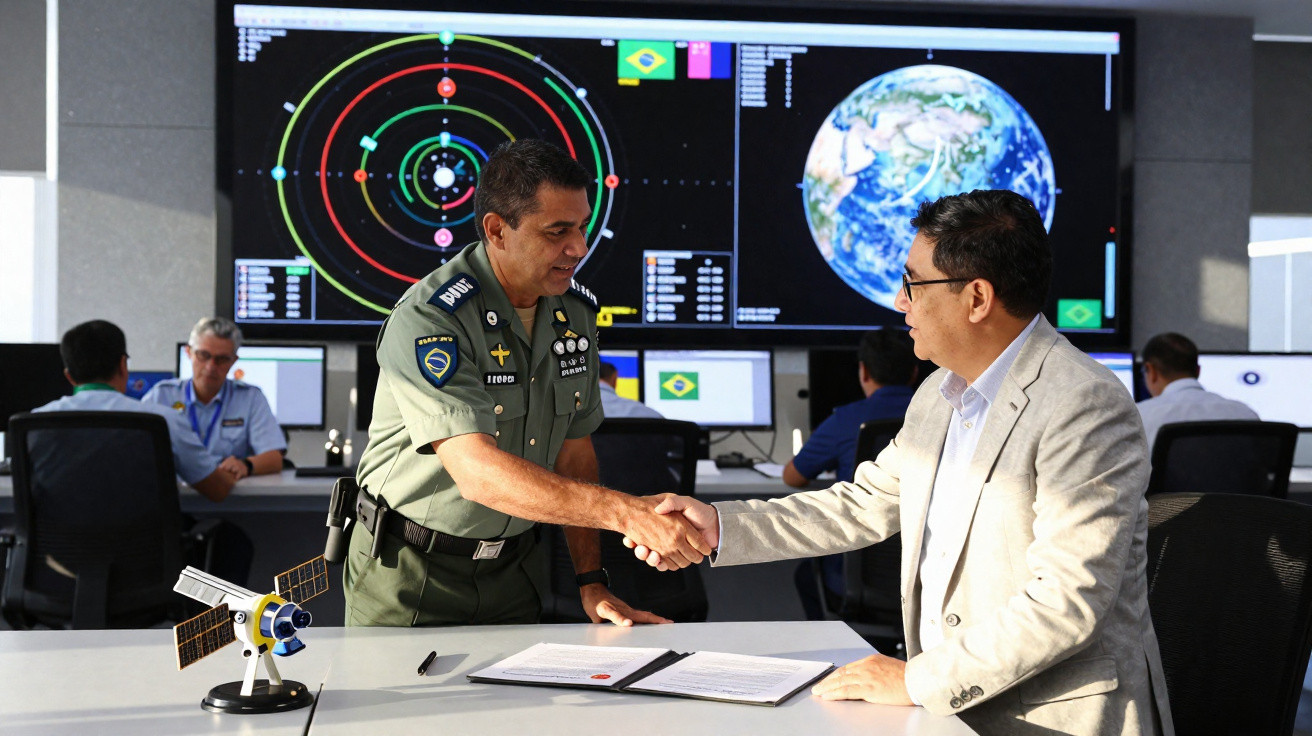 Militar e civil apertam as mãos em escritório de controle com mapas e satélites em telas ao fundo.