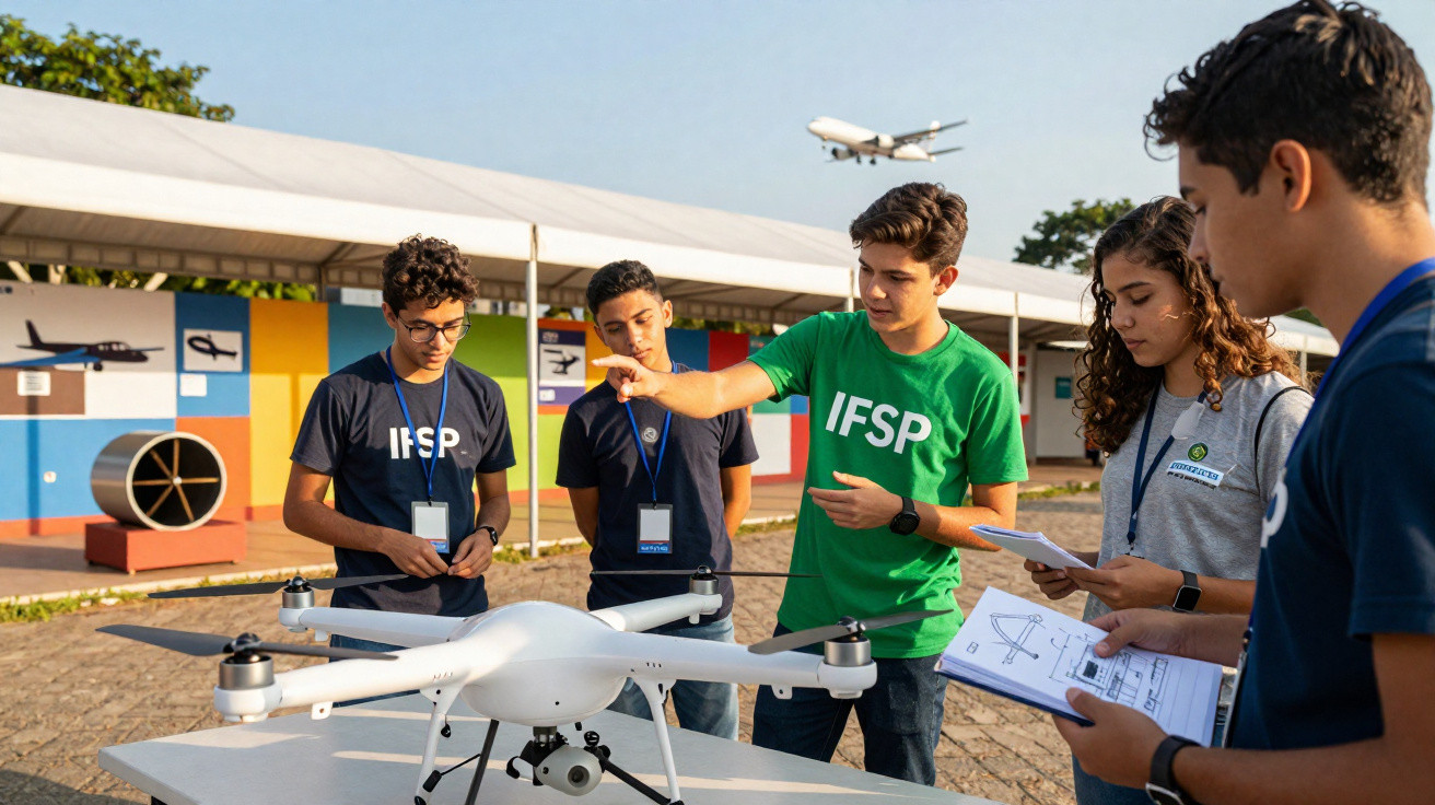 Estudantes do IFSP reunidos em atividade prática com drone, com avião voando ao fundo.