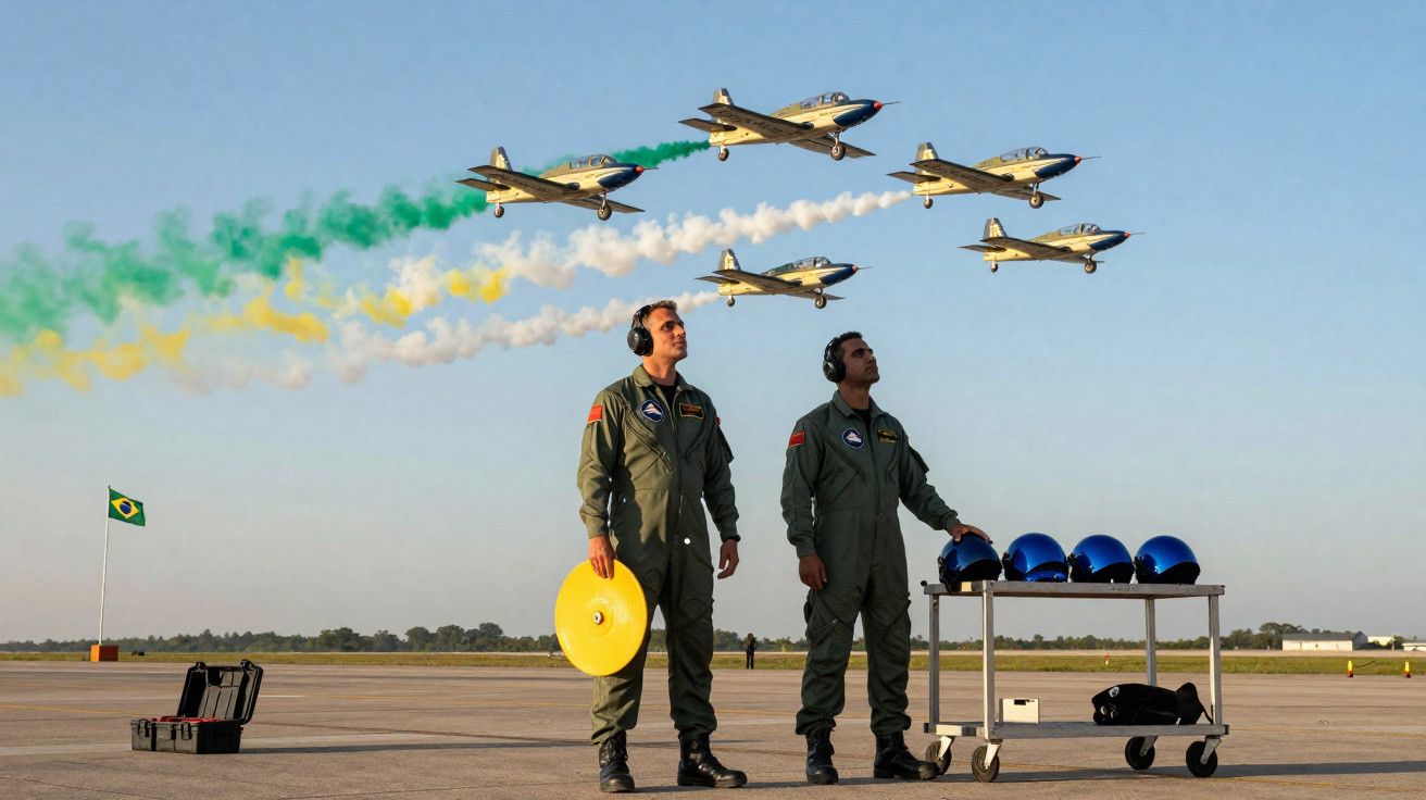 Cinco aviões em formação com fumaça verde, amarela e branca, com dois pilotos de farda verde em pista.