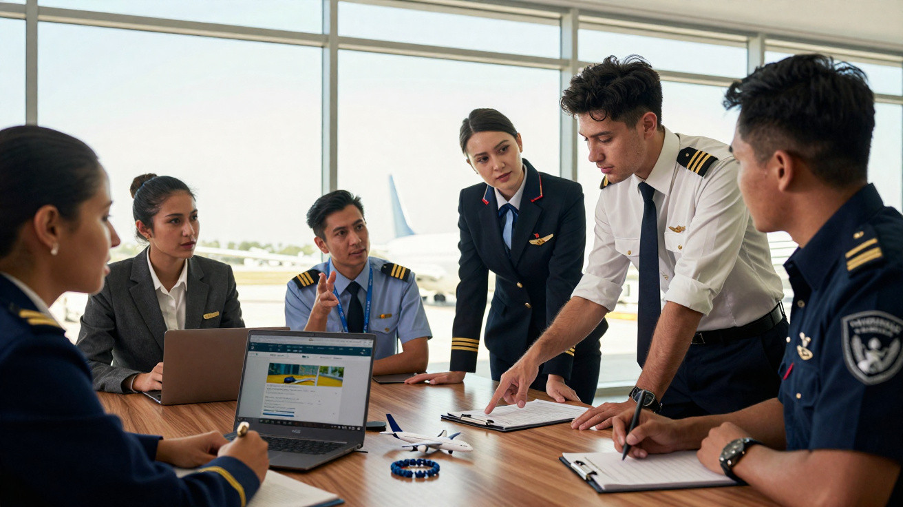 Grupo de profissionais da aviação em reunião, discutindo documentos e usando laptop em sala com vista para aeroporto.