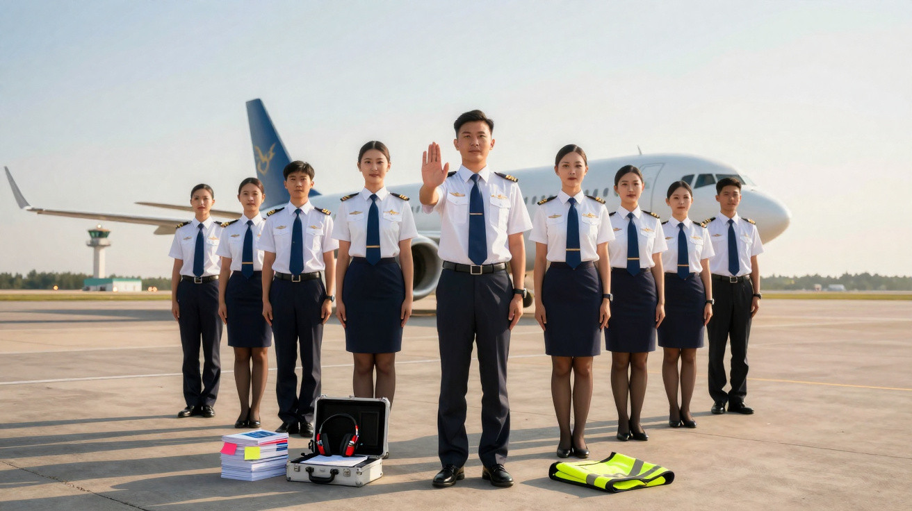 Equipe diversificada de pilotos na pista, com avião ao fundo e equipamentos à frente.