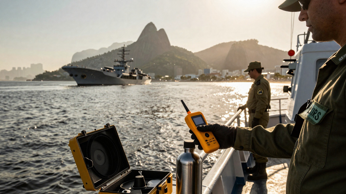 Militares embarcados em navio monitoram sinais com equipamentos eletrônicos na baía, com o Pão de Açúcar ao fundo.