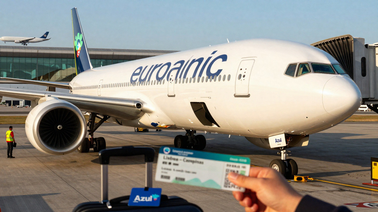 Avião da companhia EuroAtlantic no portão de embarque com passagem aérea e mala da Azul em primeiro plano.