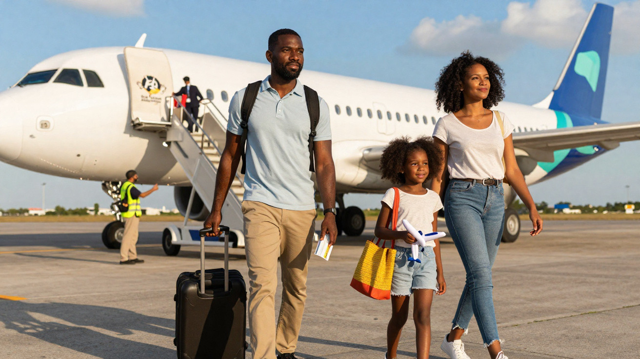 Família negra caminhando pelo aeroporto com mala, passagens e brinquedo de avião ao lado de aeronave.