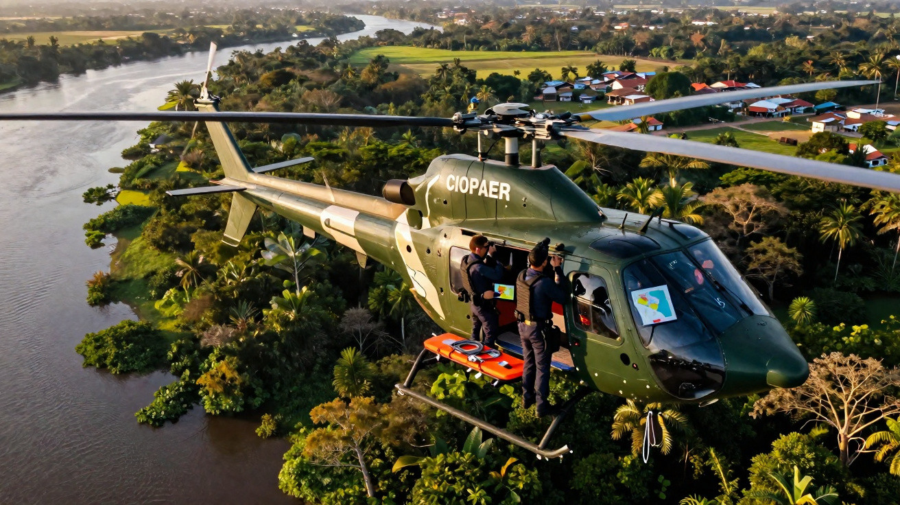 Helicóptero verde do CIOPAER voando sobre rio e área verde com pessoas apoiadas na porta.