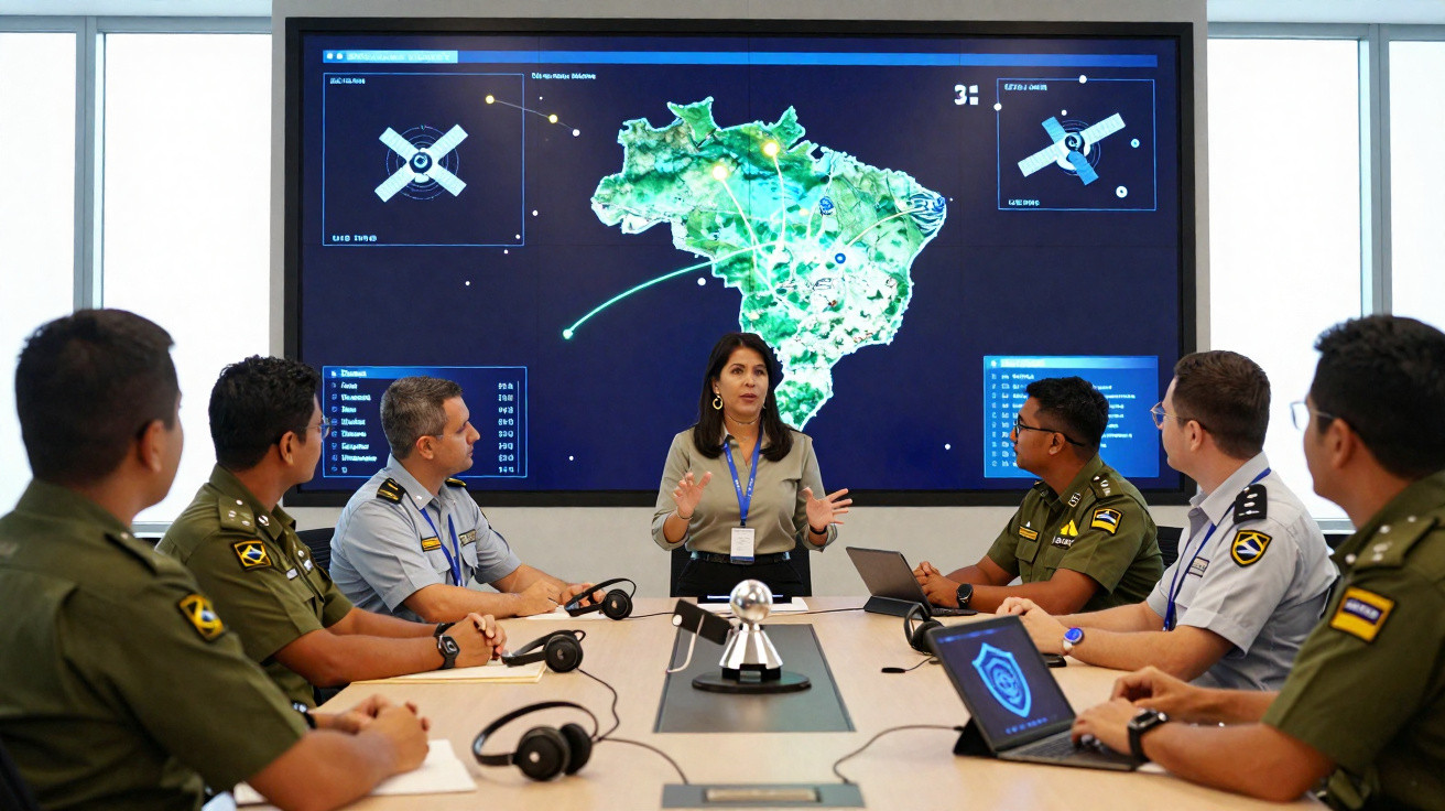 Mulher apresenta dados geográficos para seis militares em sala de reunião com mapa do Brasil em tela grande.