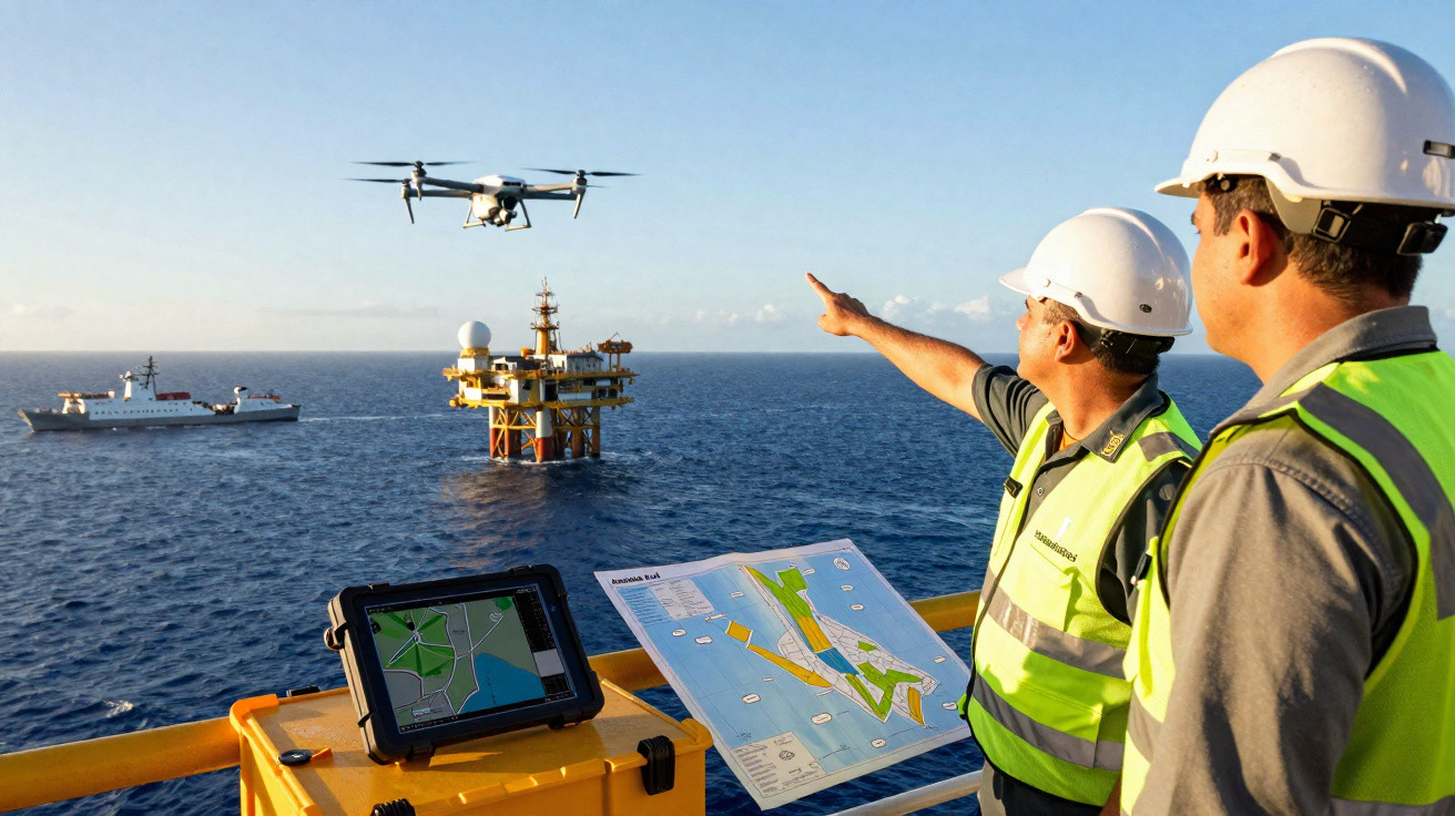 Dois engenheiros em plataforma marítima monitoram drone com mapa e tablet, com navio e equipamento marinho ao fundo.