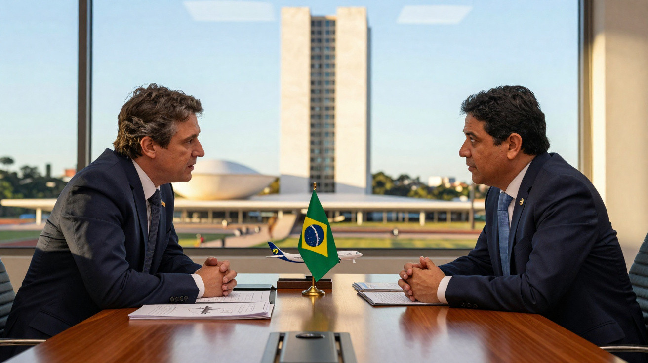 Dois homens de terno sentados em mesa com bandeira do Brasil e Congresso Nacional ao fundo.