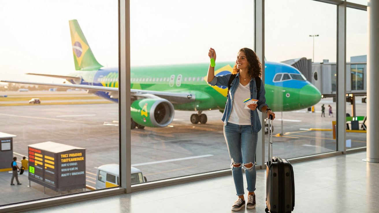 Mulher segurando passagens e mala em pé no aeroporto com avião verde ao fundo.