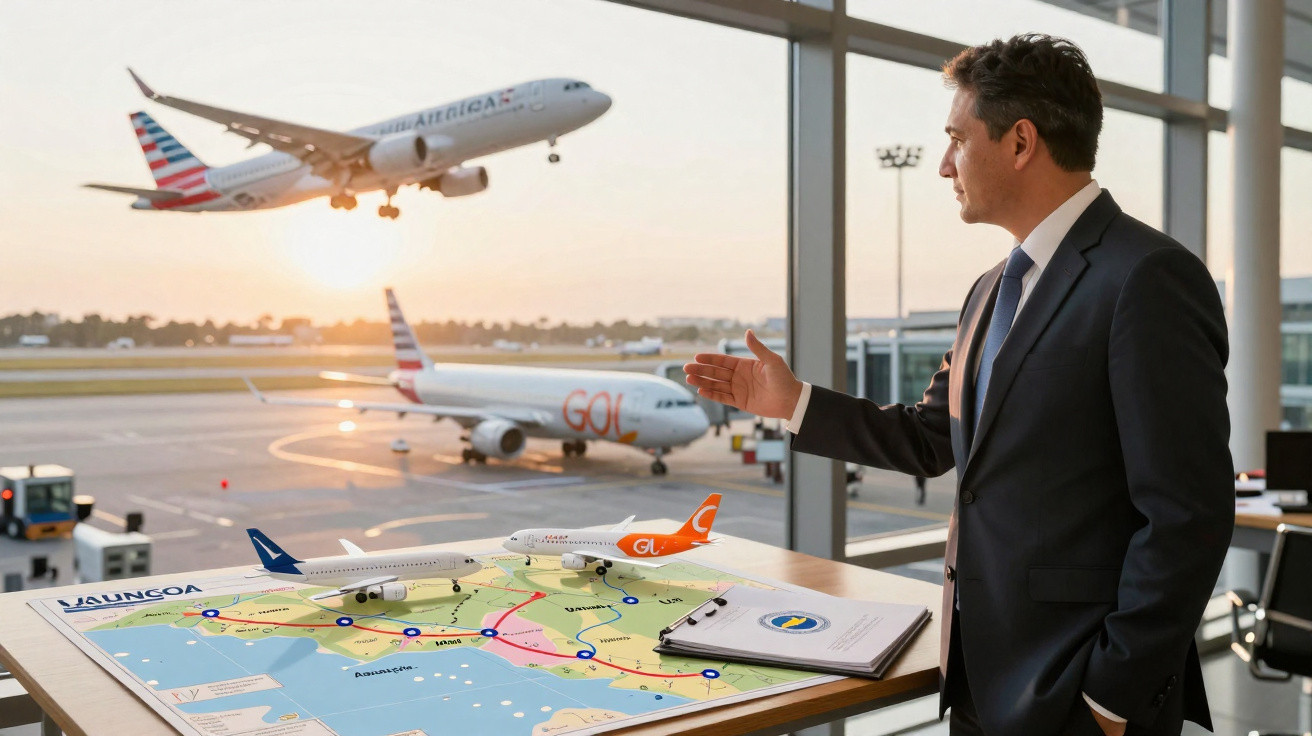 Homem de terno observando avião decolando com maquete e mapa de rotas aéreas sobre mesa em aeroporto.
