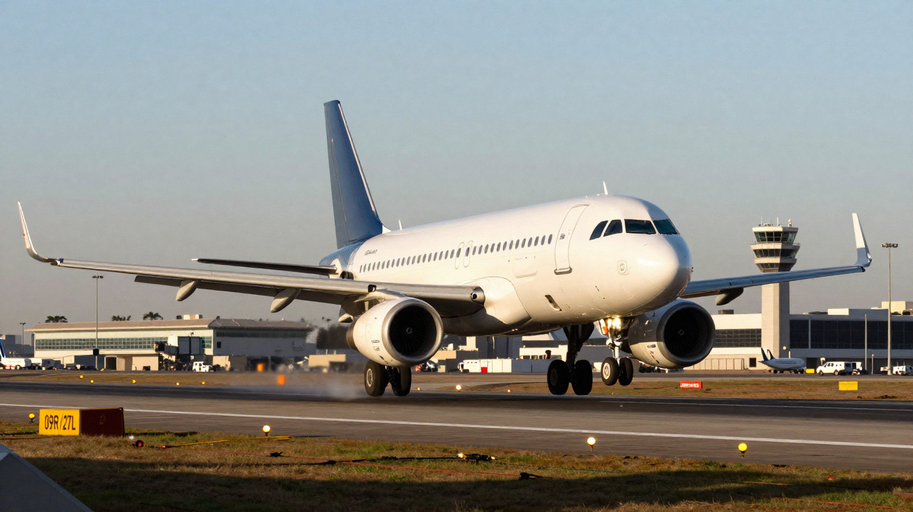 Avião comercial branco aterrissando em pista de aeroporto com torre de controle e prédios ao fundo.