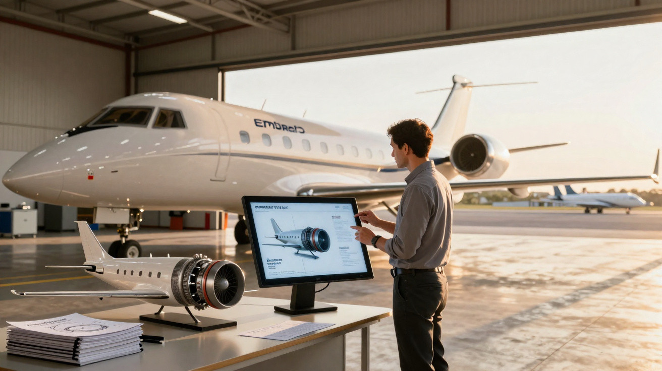 Homem em hangar analisando projeto de motor de avião em monitor, com jato branco ao fundo.