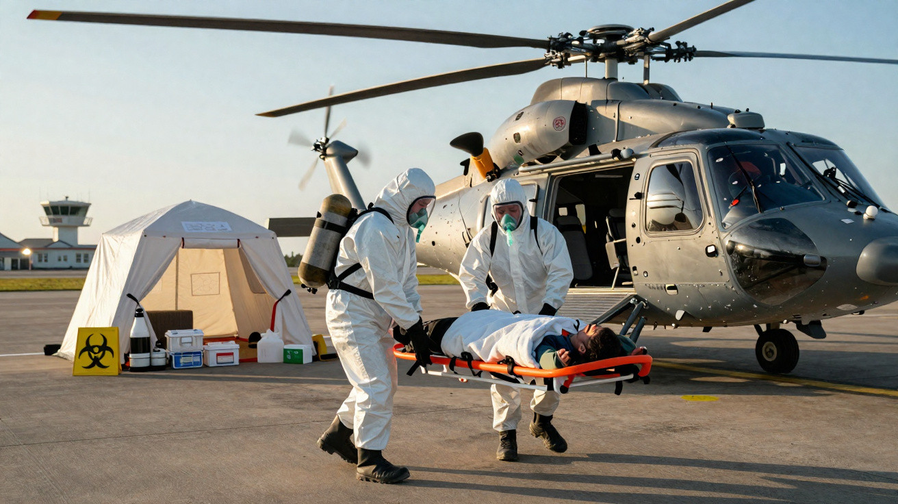 Profissionais em trajes de proteção transportam paciente em maca próximo a helicóptero militar em área aberta.