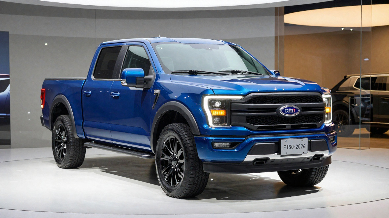 Picape azul metálica modelo F150 2026 exibida em salão de automóveis moderno.