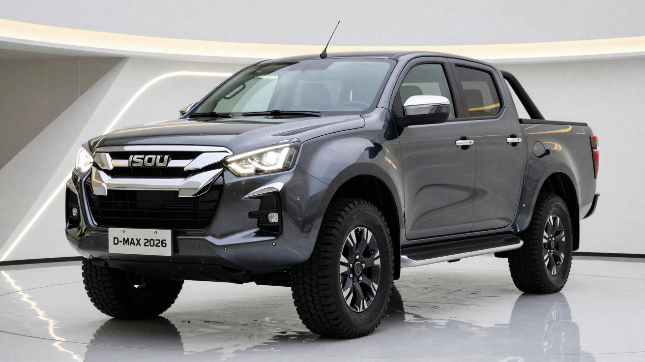 Picape cinza escuro Isuzu D-Max 2026 vista de frente em ambiente interno branco.