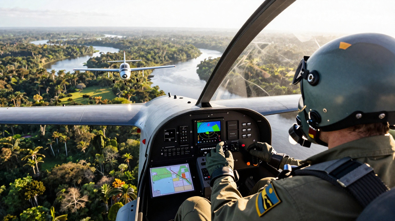 Piloto em helicóptero com painel digital voando sobre floresta e rio, com outro avião pequeno à frente.